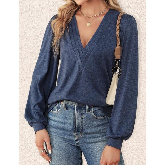 Womens V Neck Long Sleeve Tops Dressy Casual Fall Shirts Puff Sleeve Tunic - Picture 2 of 5